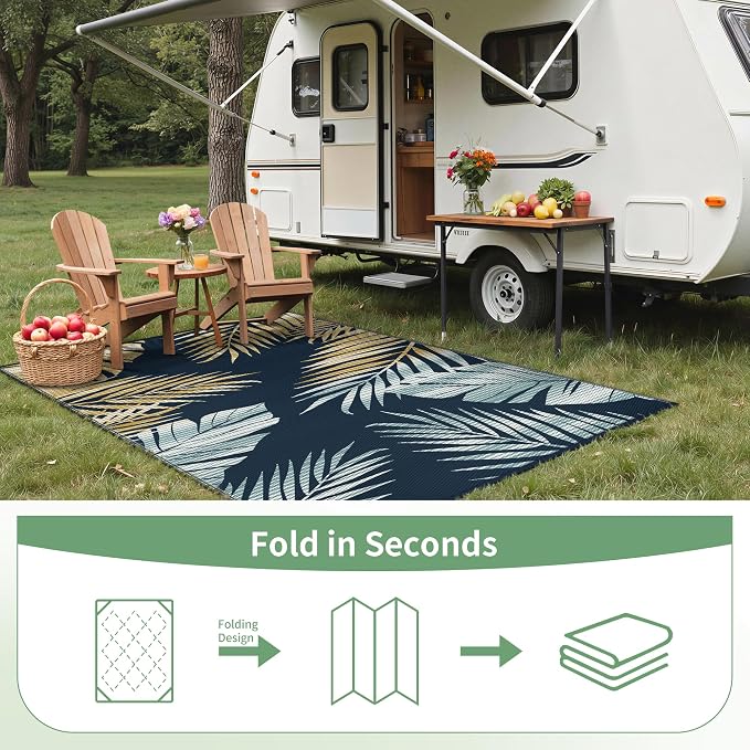 GENIMO Outdoor Rug, Waterproof Plastic Rugs for Patio, 6'x9' Yellow Navy | Outside Larger Leaf Carpet Mat for Porch Decor, Deck, Balcony, Camping, RV, Backyard, Picnic, Beach, Reversible, Foldable