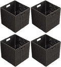 Handwoven Paper Woven Cube Basket Organizer with Handles set of 4 Foldable Storage baskets for Bedroom Living Room Cubby Storage Units for Clothes Books Toys (Black, 13" L x 13" W x 13" H)