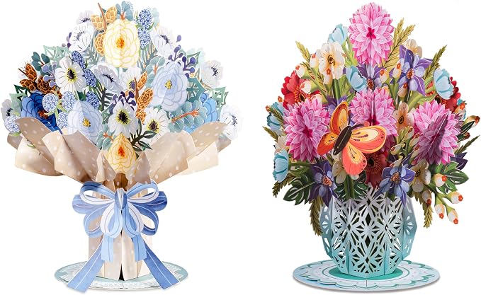 HugePop Flower Bouquet Pop Up Cards 2 Pack - Includes 1 Magical Flower Bouquet and 1 Spring Flower Bouquet, Gift For Mothers Day, Birthday, Valentines Day, All Occasions - Jumbo 10" x 14" Card