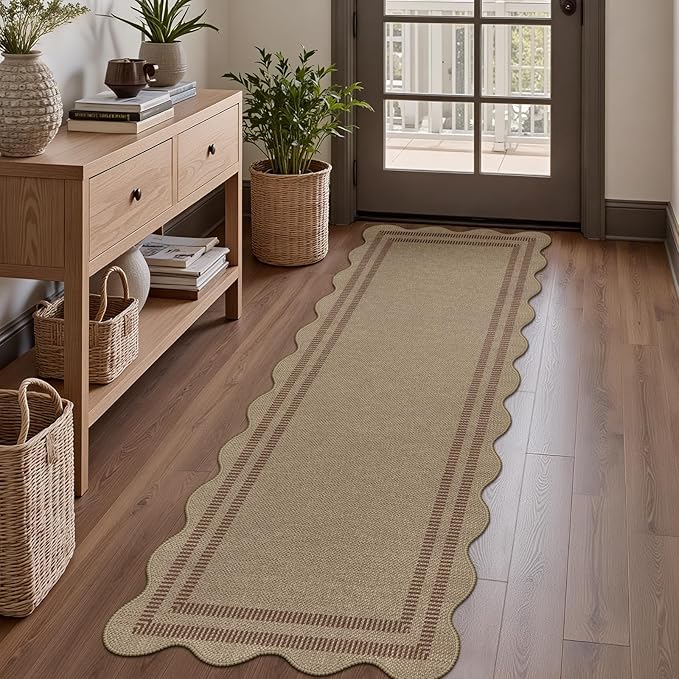 Scalloped Easy Jute 2x6 Kitchen Runner Rug, Washable Rugs for Entryway Non Slip Outdoor Indoor Hallway Rug, Farmhouse Brown Carpet for Entry Bedroom Laundry