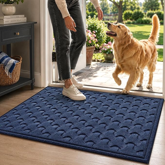 DEXI Front Door Mat Outside Entrance, 2x3 Heavy Duty Entry Doormat Dirt Trapper with Rubber Back, Non Slip Low Profile Floor Mats for Entryway Exterior Patio, Navy Blue