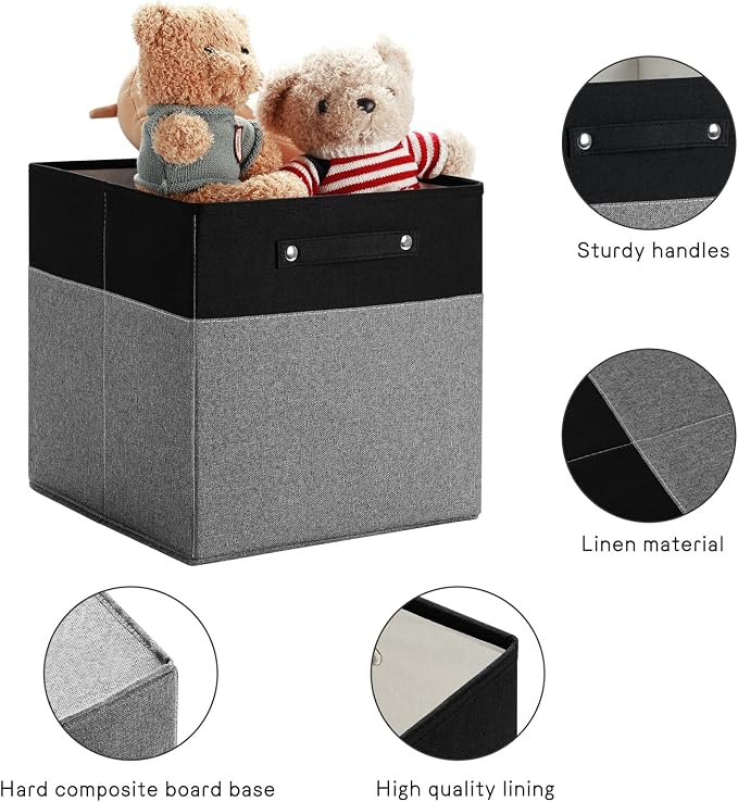 FinishingBo 13x13x13 Storage Cube Bins 4 Pack, Cube Shelf Baskets | Foldable Storage Cubes, Linen Storage Bins with Handles, Closet Organizers, Black/Gray