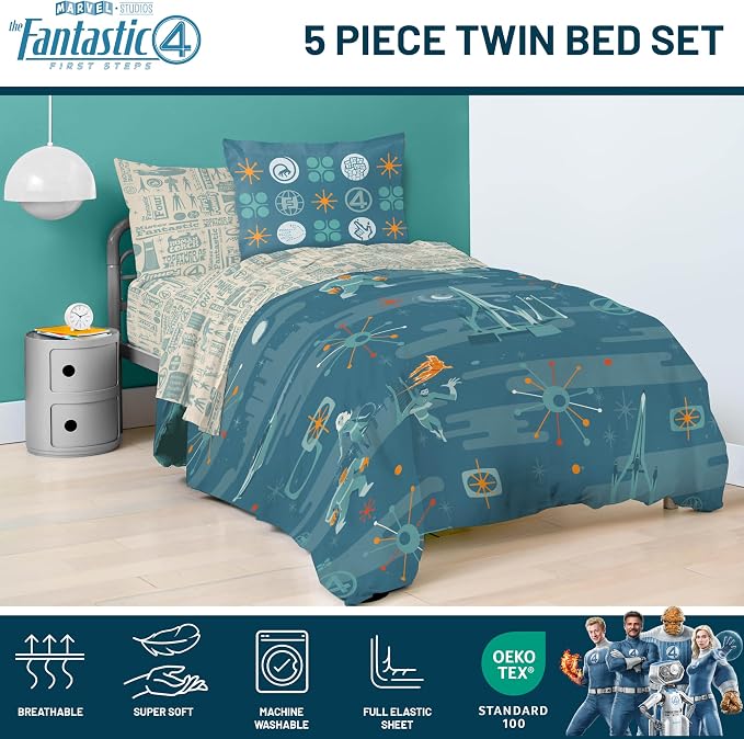 Marvel Fantastic Four Twin Comforter Set 5 Piece Superhero Bedding, Blue | Bed in a Bag, Comforter Sheets Sham Pillowcase, Official Product, Soft Microfiber, Machine Washable, Easy Care, Kids Gift