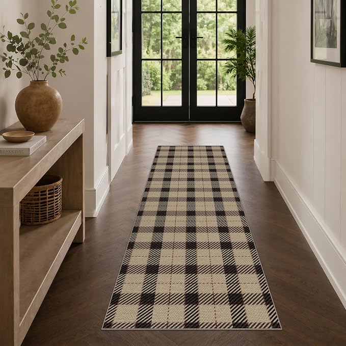JTJ Easy Jute Plaid Runner Rug 2x6, Machine Washable Non Slip Kitchen Runner Rug, Black & Tan Indoor Outdoor Rug for Entryway, Hallway, Laundry Room, Patio & Porch, Low Pile Carpet