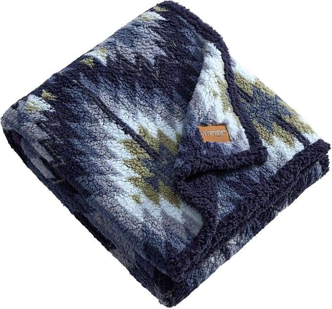 Wrangler - Reversible Throw Blanket, 50 x 60, Printed Sherpa Fleece Blanket for Bed & Couch, Cozy Decorative Throw, Dawn Aztec Blue