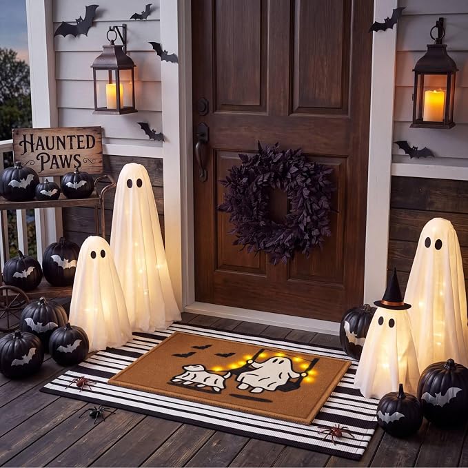 Moucuny 2 Pcs Halloween Coir Doormat Outdoor Cute Ghost with Dog Mat, Black and White Stripe Area Rug Halloween Outdoor Doormat for Front Door Porch Entryway Decor, 16'' x 28'', 24'' x 35''