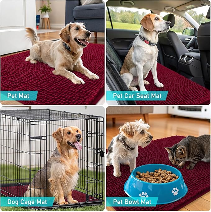 OLANLY Dog Door Mat for Muddy Paws 47x32, Absorbs Moisture and Dirt, Absorbent Non-Slip Washable Doormat, Quick Dry Chenille Mud Mat for Dogs, Entry Indoor Entryway Carpet for Inside Floor, Burgundy