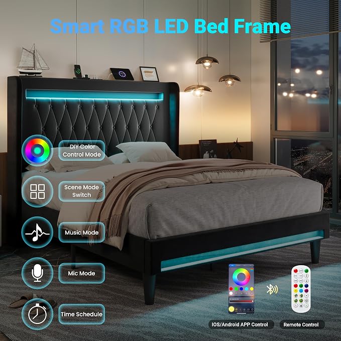 Allewie Full Size Upholstered Bed Frame with LED & Charging Station, Black | Customizable LED lights, charging station, tufted wingback headboard, noise-reducing support, and no box spring needed.