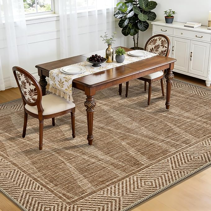 Easy Jute Rug 6x9 Outdoor Patio Rug with Border, Washable Rugs for Living Room, Farmhouse Non Slip Area Rugs with Rubber Backing Indoor Outdoor, Non Shedding Carpet for Bedroom, Courtyard, Light Brown