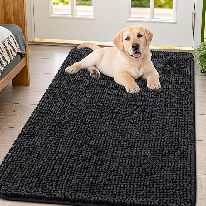 Smiry Dog Door Mat for Muddy Paws 44x32, Absorbent Dirt Trapper, Non-Slip Washable Chenille Entryway Rug for Inside Floor, Black, Classic Solid
