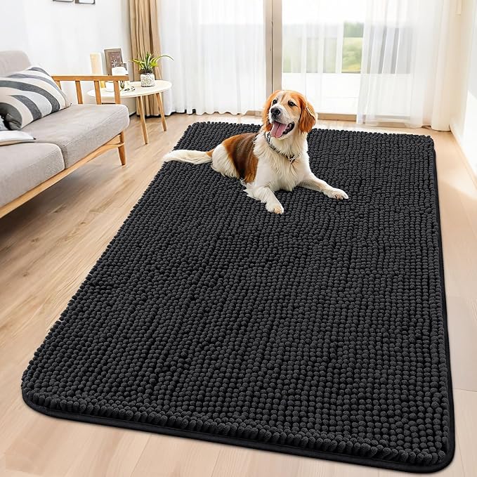 Smiry Dog Door Mat for Muddy Paws 59x32, Absorbent Dirt Trapper, Non-Slip Washable Chenille Entryway Rug for Inside Floor, Black, Classic Solid