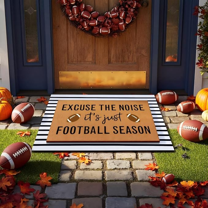 Tinideya 2 Pcs Football Layered Doormat Set, Football Season Funny Quote Welcome Mats with Black White Striped Rug, Non Slip Fall Porch Decor for Game Day Tailgate Entryway Patio