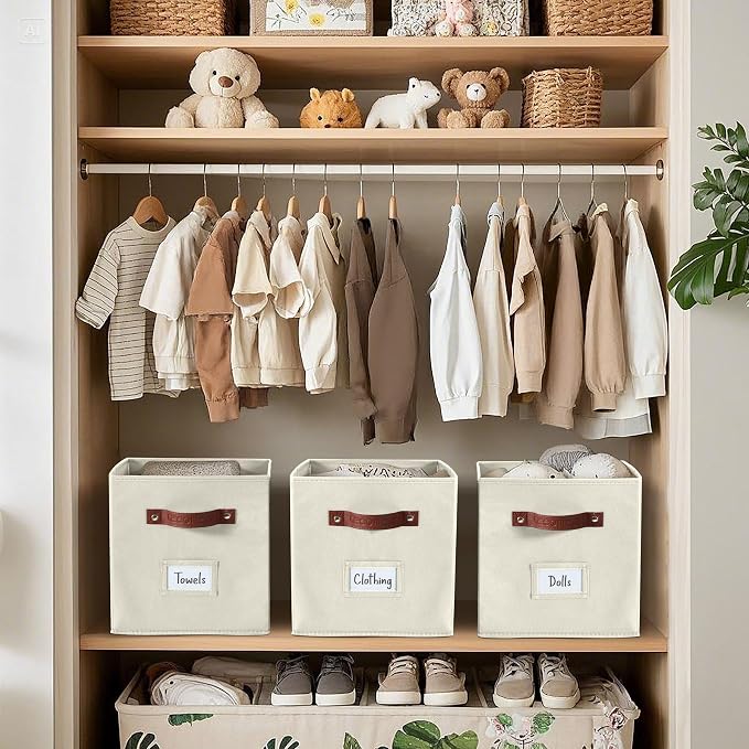DECOMOMO Storage Bins, Storage Baskets for Shelves | 13" x 15" x 13" Storage Cube Bins with Labels for Organizing Shelves (Kallax, 4pcs, Beige)
