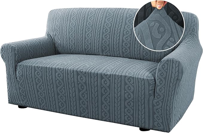 H.VERSAILTEX Loveseat Covers 1 Piece Stretch Couch Covers Anti Slip Sofa Slipcovers Soft Furniture Protector Upgrade Thick Jacquard Fabric with Spiral Pattern(58"-70", Stone Blue)