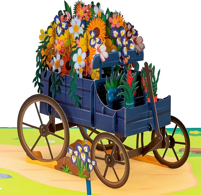 Paper Love Pop Up Cards 2 Pack - Includes 1 Flower Wagon and 1 Flower Watering Can, For All Occasions, Mother Day, Birthday, Just Because- Includes Envelope and Note Tag