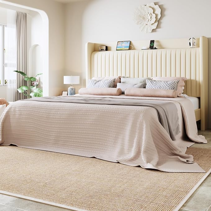 Allewie King Size Platform Bed Frame with USB Charging Station and Storage Shelf/Upholstered Velvet Wingback Headboard/Wooden Slats Support/No Box Spring Needed/Easy Assembly, Cream