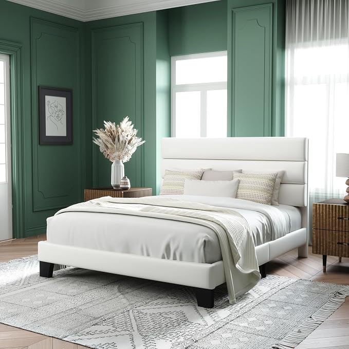 Allewie Queen Size Platform Bed Frame with Velvet Upholstered Headboard | Wooden Slats Support, Fully Upholstered Mattress Foundation, No Box Spring Needed, Easy Assembly, Noise-Free, White