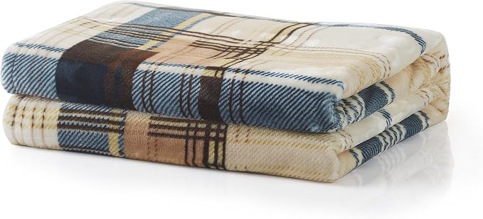 Tache Winter Cabin Blue Tan Farmhouse Super Soft Micro Fleece Tartan Plaid Plush Lightweight Dual-Sided Decorative Couch, Sofa, Travel, Lap, Bed Throw Blanket, 50x60