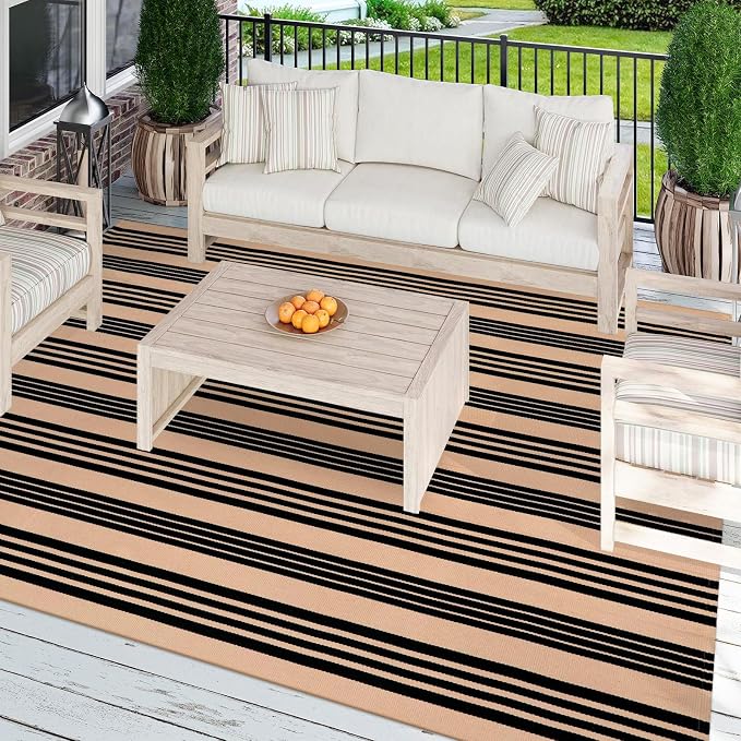 Black and Tan Indoor Outdoor Rug 5x7ft, Cotton Striped Layering Rug Woven Large Patios Rug Washable Modern Area Rug Carpet for Farmhouse Bedroom Living Room Balcony Patio Backyard Decor