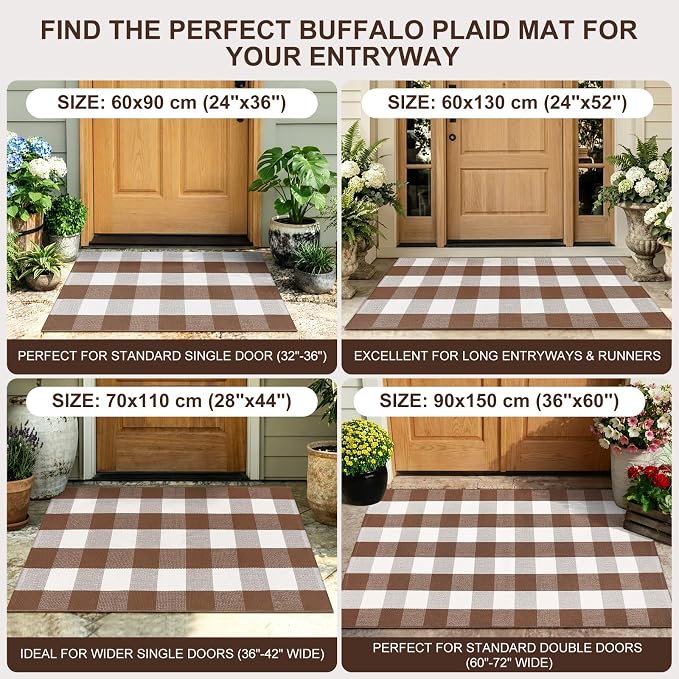 Uphome Bufflo Plaid Outdoor Rug 27.5"x43", Fall Decor Checkered Front Door Mat, Indoor Outdoor Farmhouse Cotton Porch Rug for Layered Door Mats, Washable Brown Area Rugs for Patio Entryway