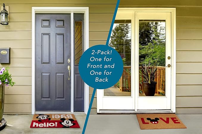 Gertmenian Disney Mickey Mouse Coir Doormat - 2x3 Welcome Mat (2-Pack), Ideal for High Traffic Areas in Front Door, Garage, Entryway - Come On in, Brown, 47534