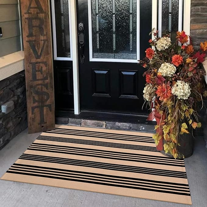 LEEVAN 3'X5' Black and Tan Striped Woven Cotton Reversible Outdoor Rug | Small Machine Washable Front Porch Rug, Entryway Door Mat, Indoor Layering Carpet for Farmhouse Bathroom Laundry