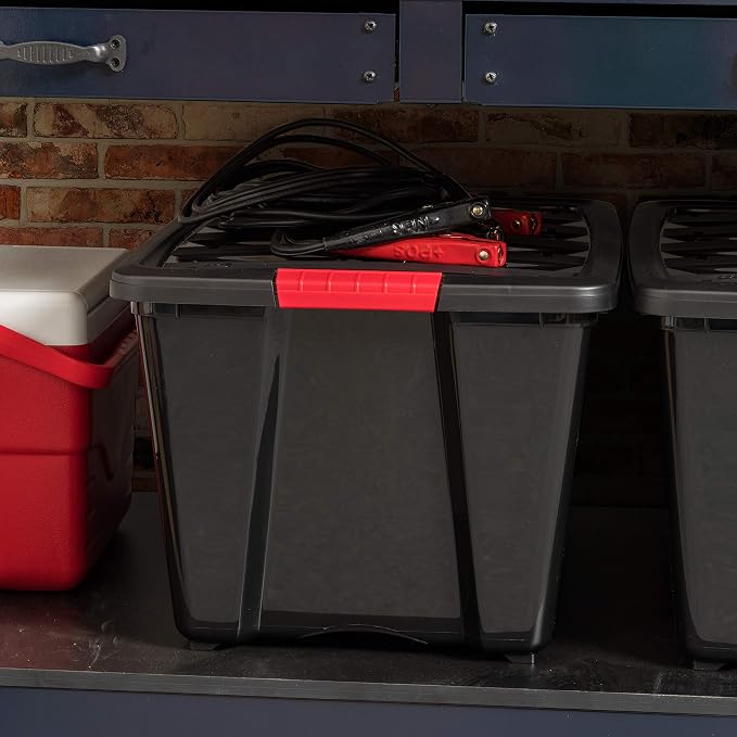 IRIS USA 6-Pack 54 Quart Storage Bins with Lids, Black | Black finish conceals stored items. Perfect for moving, blankets, clothing, and garage storage. Nestable design saves space