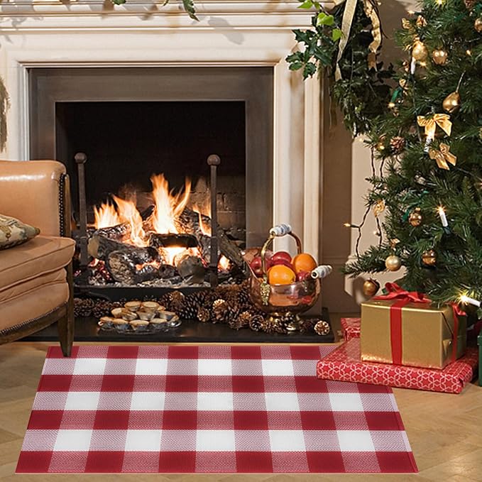 Buffalo Plaid Area Rug, Checkered Rug 27.5x43 Inches, Red and White Rug, Washable Cotton Mat for Front Porch, Entryway, Kitchen, Living Room, Home Decor