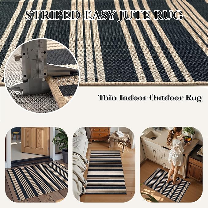 Lahome Striped Easy Jute Front Door Mat, 2x3 Washable Kitchen Outdoor Rug | Black Rugs for Entryway, Modern Farmhouse Neutral Mats, Lightweight Non Slip Carpet for Indoor Entrance Patio Porch Foyer