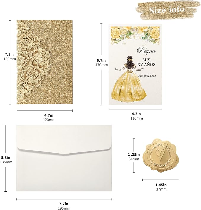 DORIS HOME 50Pcs Personalized Laser Cut Quinceanera Invitations, Gold | 4.7"x7.1", Glitter, Customized Quince Invitations, For 15th Birthday, Sweet 16, With Envelopes