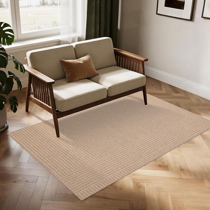 Easy Jute Rug for Pet Homes: 4x6 Outdoor Rug - Beige Stripes | Washable Design Cuts Your Cleaning Time by 75% and Maintain Shape and Texture after 50 Machine Wash Cycles