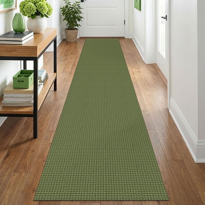 IOHOUZE Washable Runner Rug 2x12 Non Slip Rubber Backed Extra Long Hallway Runner Entryway Runner Indoor, Kitchen Rugs Woven Cotton Floor Carpet for Hall Entrance, Olive Green/Earthy Green