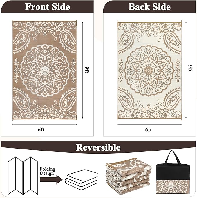 Pauwer Outdoor Rug 6x9, Waterproof Plastic Straw Camping Rug, Boho Brown | Reversible Patio Rug, UV Resistant Indoor Outdoor RV Mat Carpet For Deck, Camper, Porch, Balcony, Backyard, Picnic, Foldable