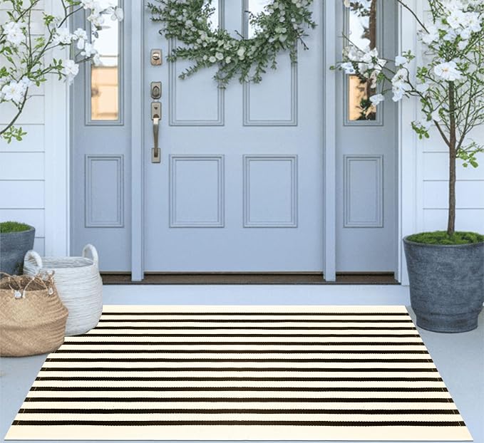 Washable Proch Rug 2.3'X3.6',Beige and Black Entryway Rug Cotton Woven Bathroom Rugs Front Porch Decor for Bedroom/Home Entrance/Front Porch