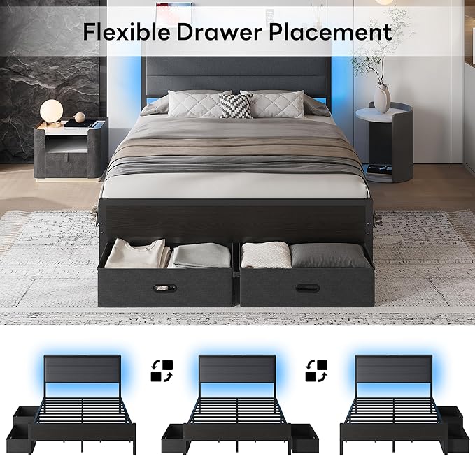 LIKIMIO Full Size Bed Frame with 2 Storage Drawers, Upholstered Headboard | Full Platform Bed Frame with Charging Station & LED Lights, Modern Style, Noise Free, No Box Spring Needed, Black and Grey