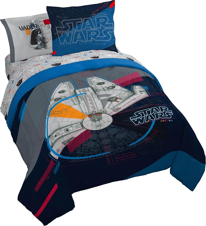Star Wars Queen Comforter Set 7 Piece Soft Bedding for Boys, Dark Blue | Bed in a Bag, Comforter Sheets Shams Pillowcases, Official Product, Soft Microfiber, Machine Washable, Boys Gift
