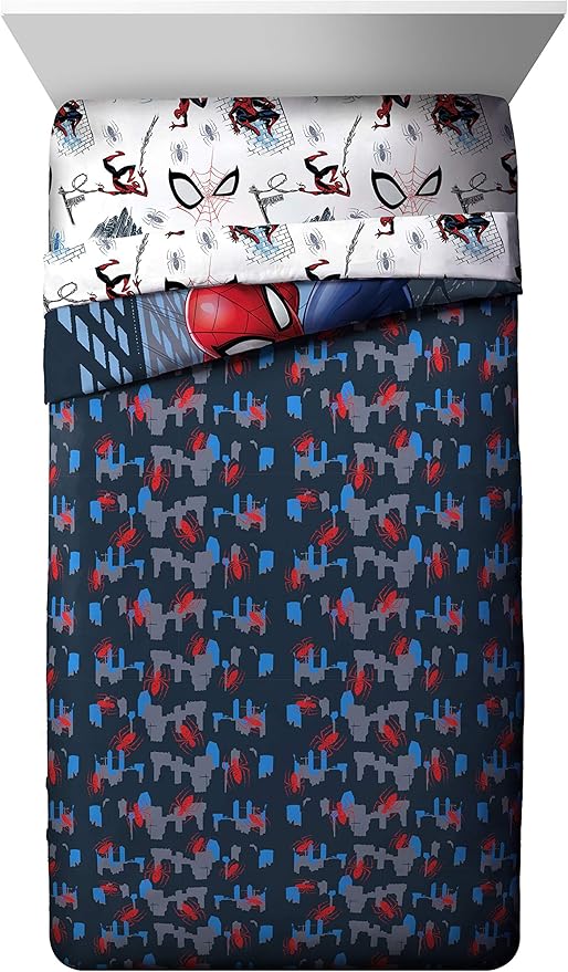 Marvel Spiderman Twin Comforter Set 4 Piece Kids Bedding for Boys, Multi | Bed in a Bag, Comforter Sheets Pillowcase, Official Product, Soft Microfiber, Machine Washable, Easy Care, Boys Gift
