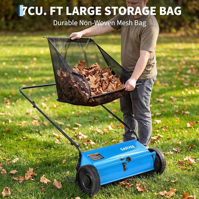 Manual Push Lawn Sweeper 26 Inch- Walk Behind Yard Sweeper for Leaves and Grass,7 Cu. ft. Large Hopper, Height Adjustable, 4 Fast Spinning Brushes