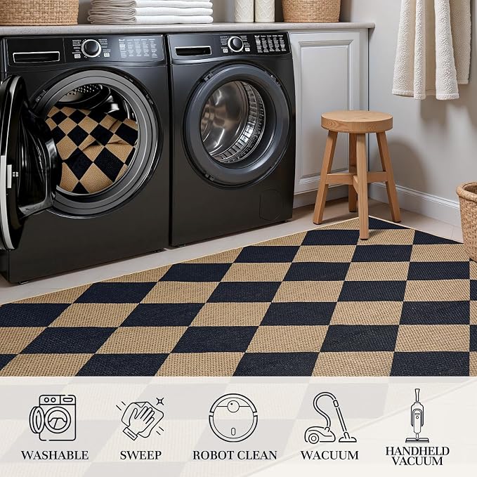 EDIMENS Checkered Easy Jute 5x7 Outdoor Rug Washable Living Room Area Rugs | Black Non Slip Outdoor Patio Rug Diamond Indoor Black Farmhouse Geometric Carpet for Backyard Front Porch Balcony
