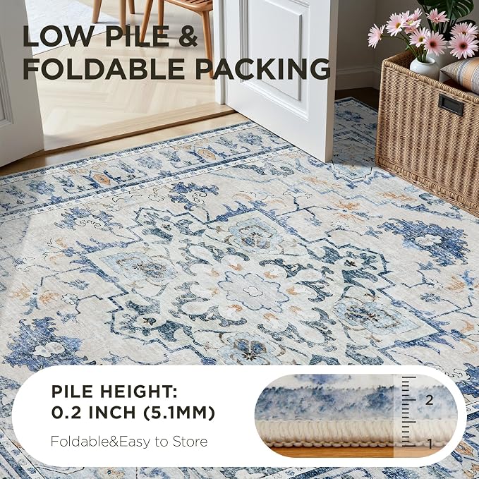 Joydeco 5x7 Area Rug for Livingroom, Bed Room, Home Office, Blue Grey | Vintage Machine Washable Non Slip
