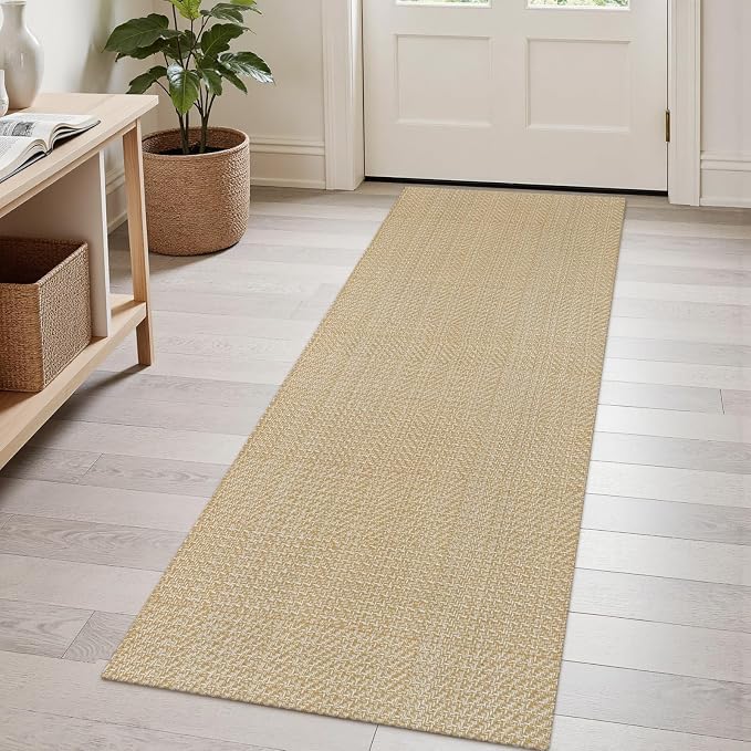 Rugalia Washable Woven Indoor Outdoor Runner Rug, 2x5 Natural Beige Cotton Rug Runners for Hallway Non-Slip Entryway Runner Rugs, Modern Neutral Throw Carpet for Kitchen Porch Entrance