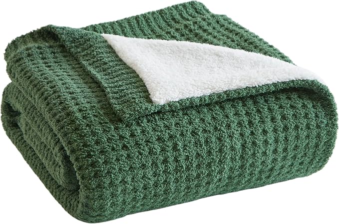 Madison Park Rowan Sherpa Throw Blanket Waffle Weave, 50 x 60, Green | Cozy Warmth for Sofa or Bed, Reversible, Lightweight, Farmhouse, OEKO-TEX Certified