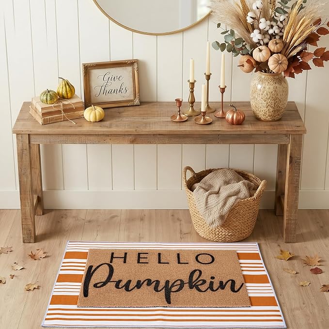 2pcs Fall Hello Pumpkin Doormats Layered Autumn Front Porch Welcome Mat and Striped Crystal Velvet Layering Rug Non Slip Outdoor Entryway Flooring Decor for Thanksgiving
