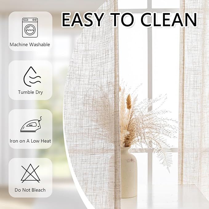 MYSKY HOME Kitchen Semi Sheer Linen Curtains 24 Inch Long, Light Filtering Window Panels Rod Pocket Valance Neutral Drapes for Small Window/Cafe/Bathroom Basement, Linen, 2 Panels, 34 x 24 Inch