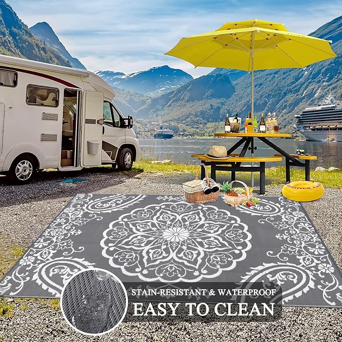 Pauwer Outdoor Rug 8x10, Waterproof Plastic Straw Camping Rug, Boho Grey | Reversible Patio Rug, UV Resistant Indoor Outdoor RV Mat Carpet For Deck, Camper, Porch, Balcony, Backyard, Picnic, Foldable