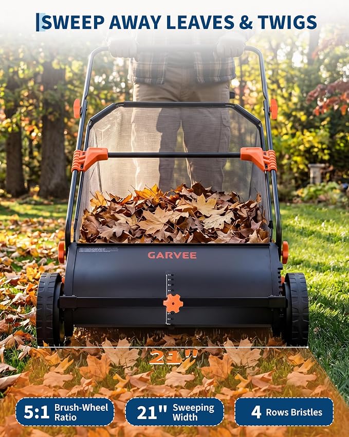 21 Inch Push Lawn Sweeper with Large 3.5 cu ft Collection Bag, Heavy Duty | Steel Frame, 10" Rubber Wheels, 4 Spinning Brushes, Manual Height Adjustment for Leaves Grass and Yard Debris, Black Orange
