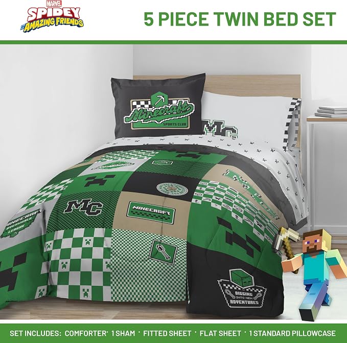 Minecraft Creeper Twin Comforter Set 5 Piece Kids Bedding for Boys, Multi | Zombie Enderman, Bed in a Bag, Comforter Sheets Sham Pillowcase, Official Product, Microfiber, Machine Washable, Boys Gift