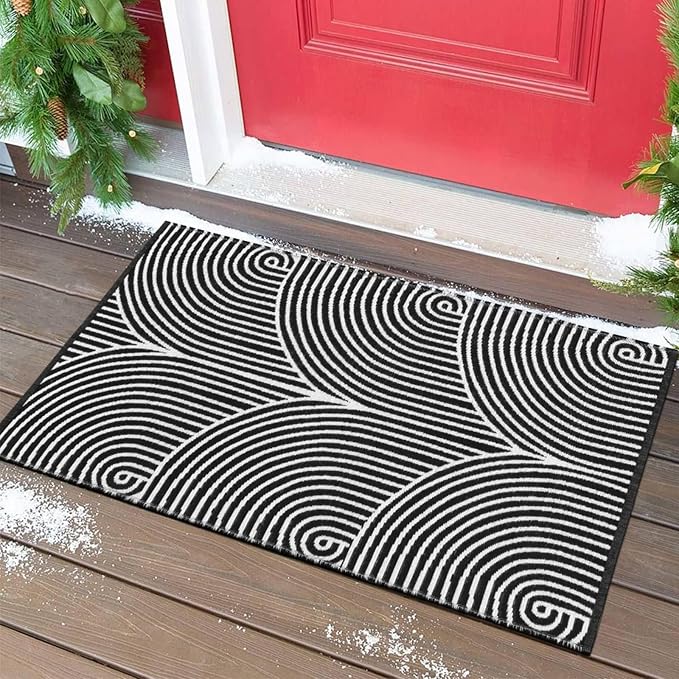 Tiffasea Front Door Mat 2'x3' Washable Welcome Mat Kitchen Bathroom Rug | Woven Black and White Bathroom Rug Machine Washable Reversible Indoor Outdoor Rugs Layered Floor Mat for Entryway/Kitchen