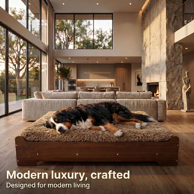 Elevated Wooden Dog Bed with Foam Mattress, Walnut, X-Large | Raised Dog Bed with Washable Cover and Supportive Foam Mattress, Crafted for Large Dogs and Modern Homes