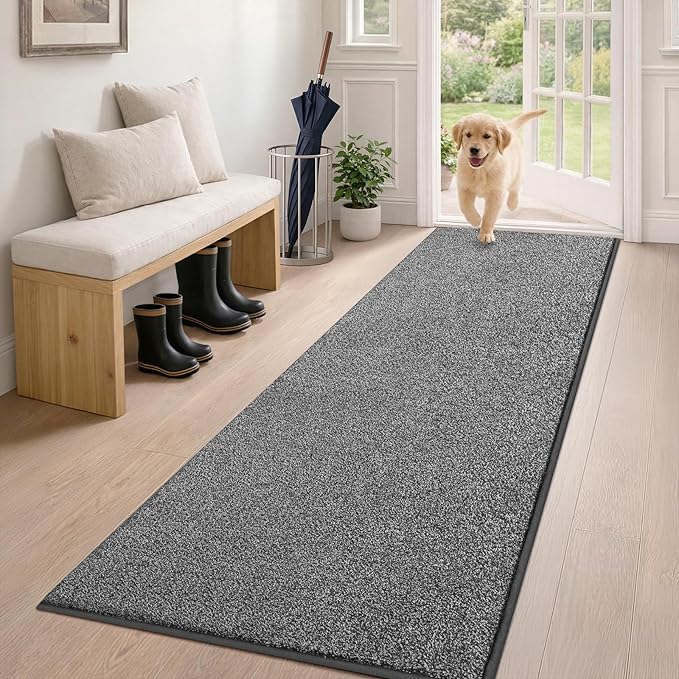 PURRUGS Dirt Trapping Door Mat 24" x 59", Non-Slip Machine Washable Entryway Rug, Dog Doormat, Indoor Front Door Mat, Super Absorbent Entry Rug for Muddy Shoes & Paws, Light Grey-Dark Grey